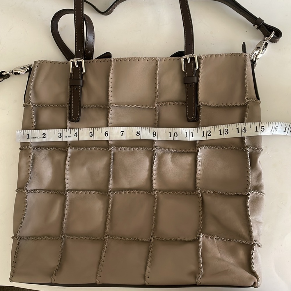 Gianni Conti Italian Taupe Beige Leather Patchwork Boho Satchel Tote Bag - Picture 7 of 10